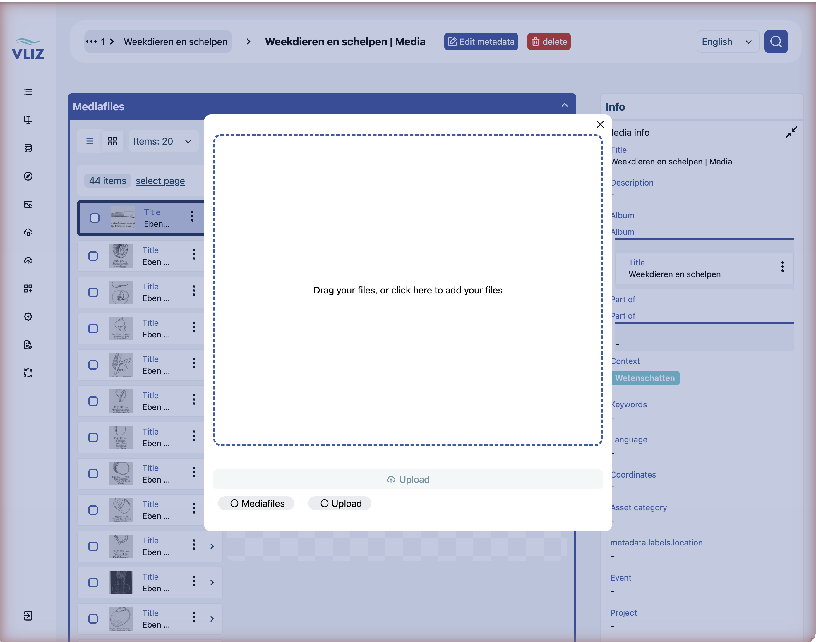 The Add new mediafiles window: a single drop zone, the Upload button and the Mediafiles/Upload steps