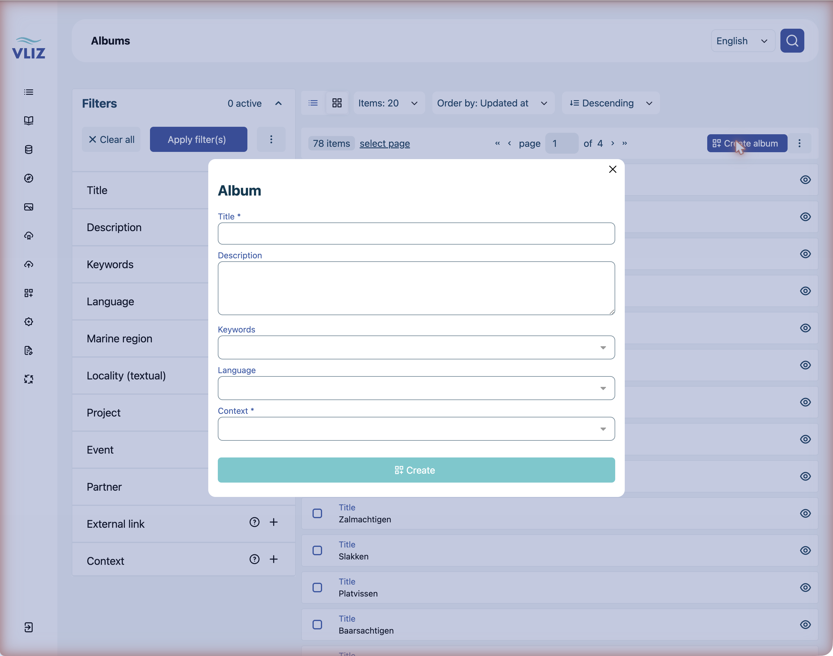 The Album creation form with Title, Description, Keywords, Language and Context