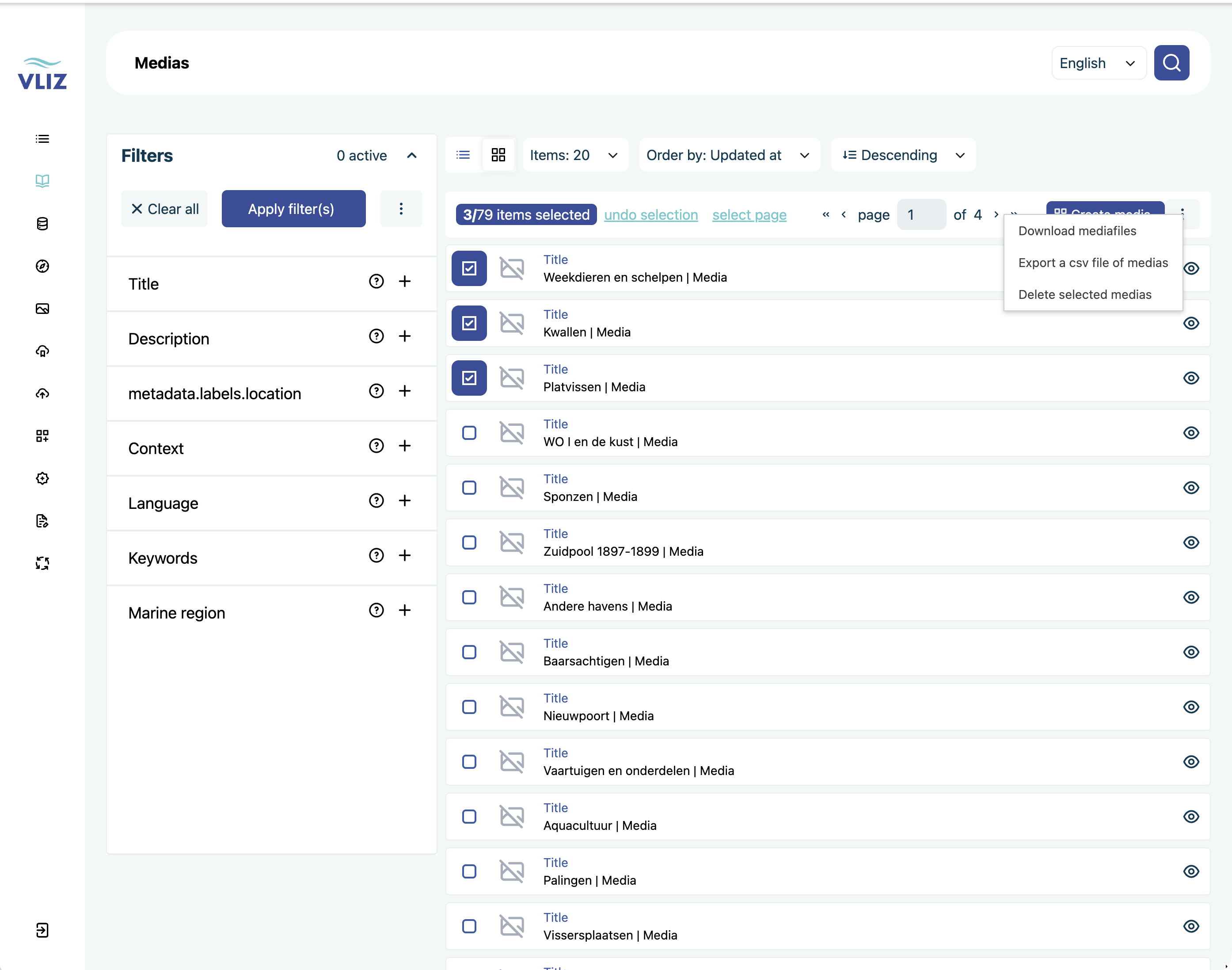 Three media selected, with the bulk-action menu open