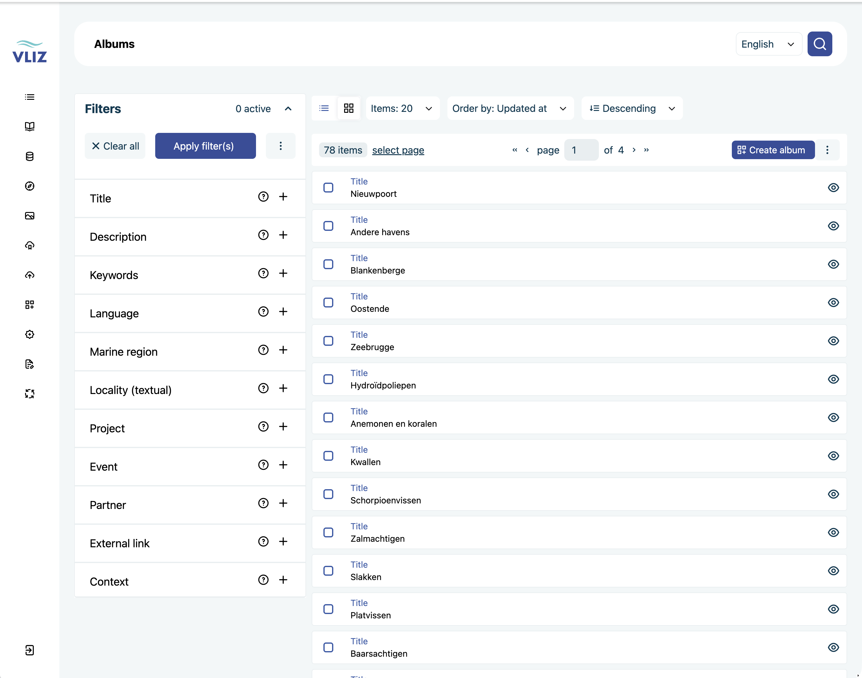 The VLIZ DAMS right after logging in, showing the Albums list