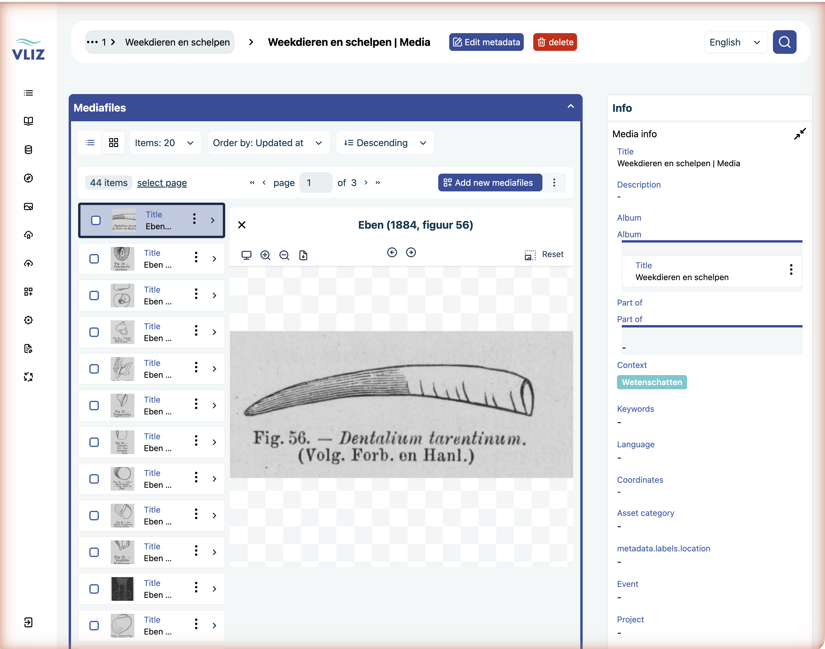 Media detail page: Mediafiles panel with IIIF viewer on the left, Info panel on the right