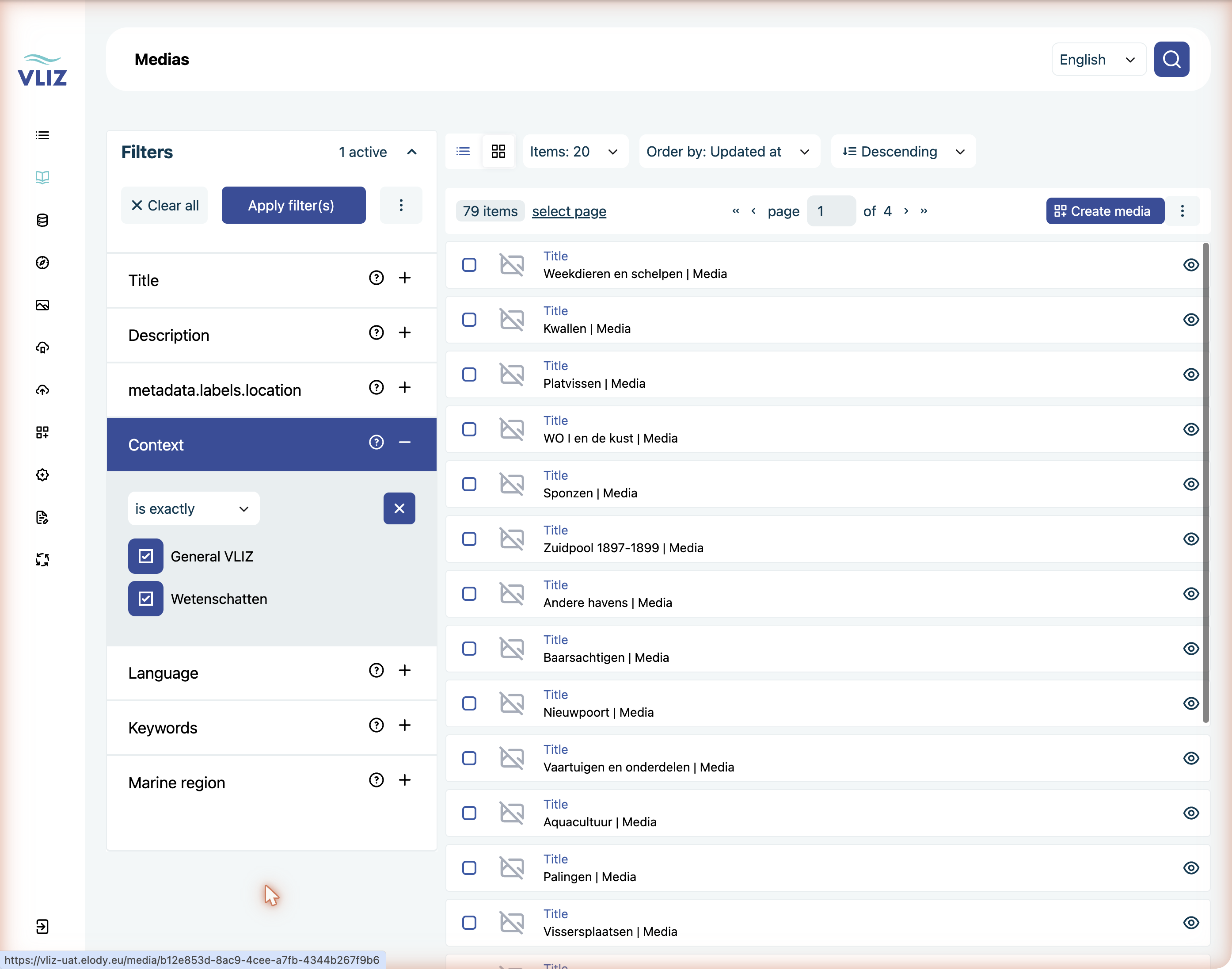 The Media list with an applied Context filter — the active filter row is highlighted and the counter reads "1 active"