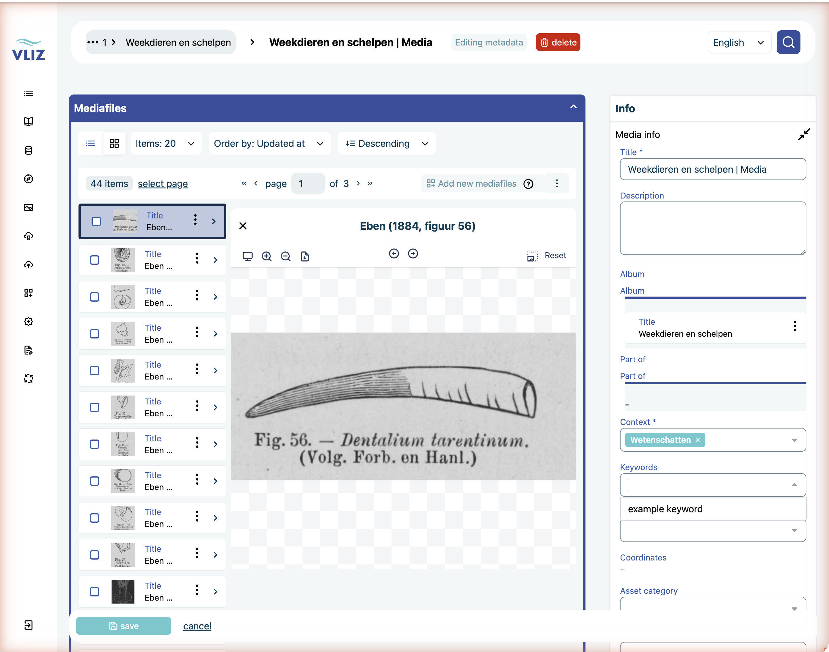 The Keywords picker open in edit mode, under the Context field with its "Wetenschatten" chip